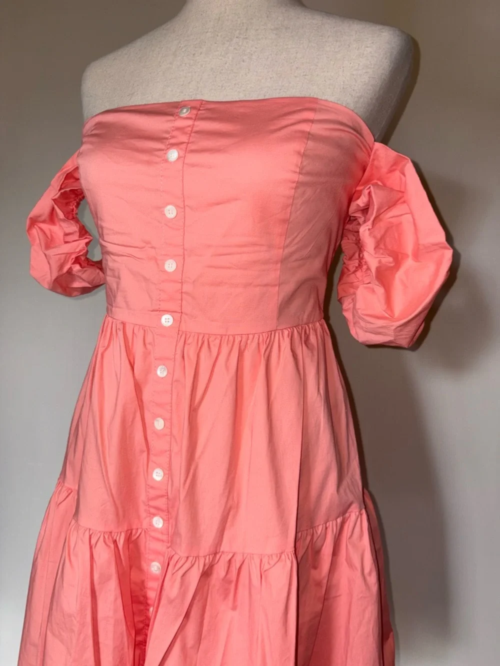 STAUD Elio Off-Shoulder Button Front Mini Dress in Pink Grapefruit Size 12 - Picture 3 of 9